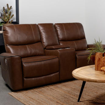 Greenfield Power Reclining Console Loveseat - Saddle Brown