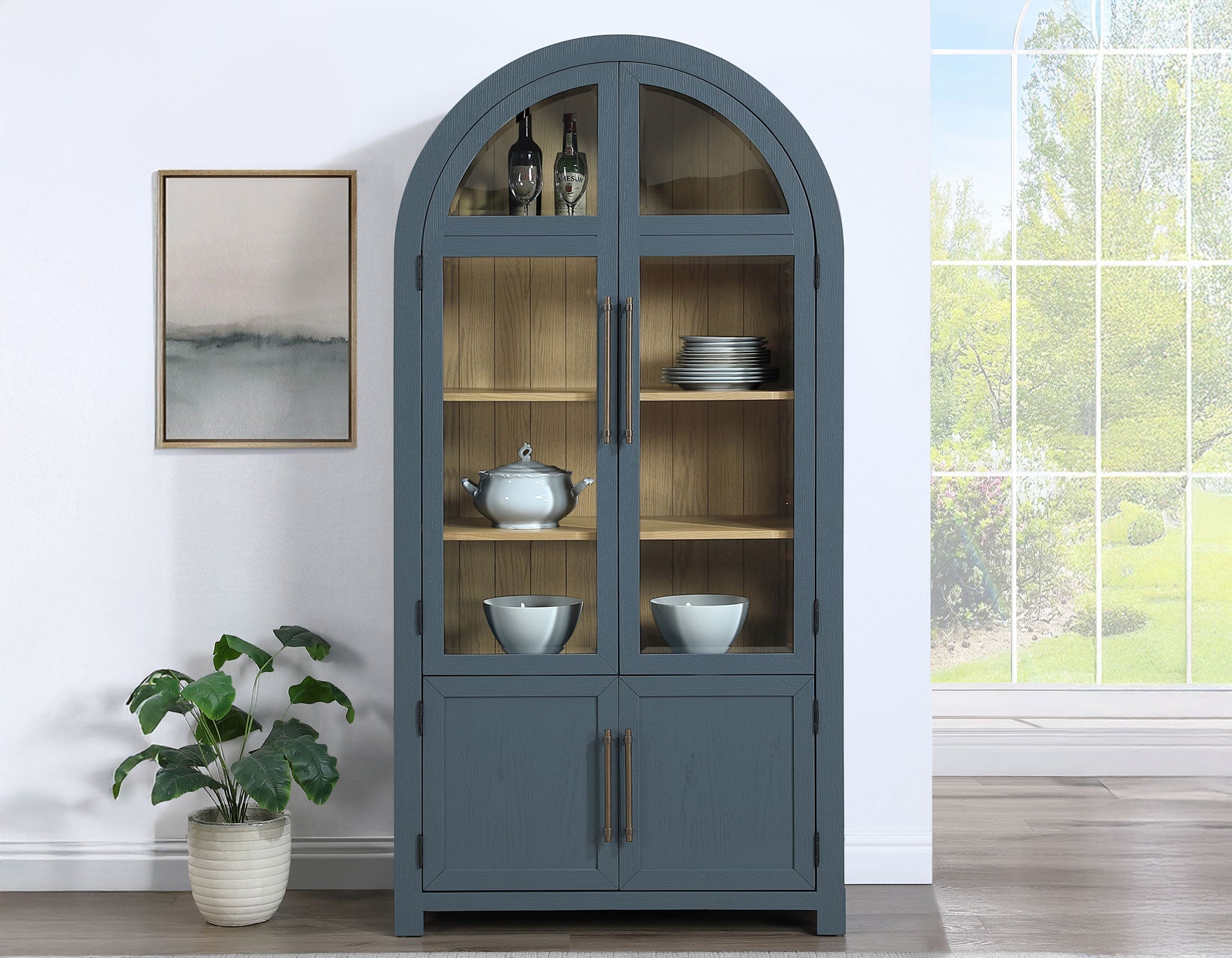 Magnolia Arched Glass Door Cabinet - Dusty Blue/Weathered Sand