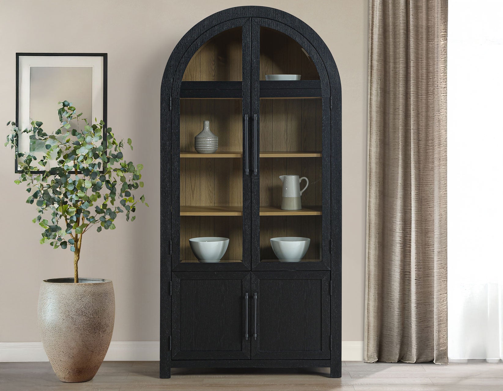 Magnolia Arched Glass Door Cabinet - Black/Weathered Sand