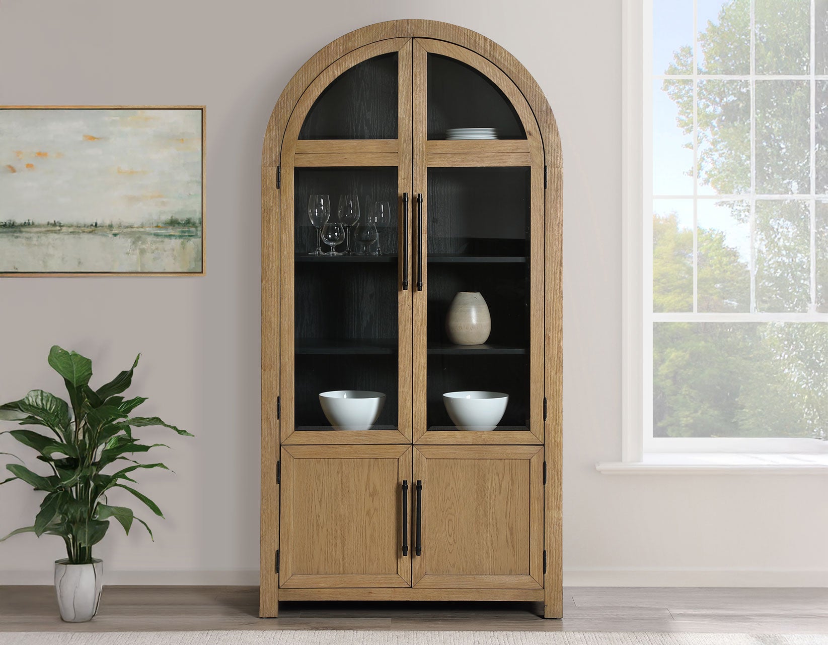 Magnolia Arched Glass Door Cabinet - Weathered Sand/Black