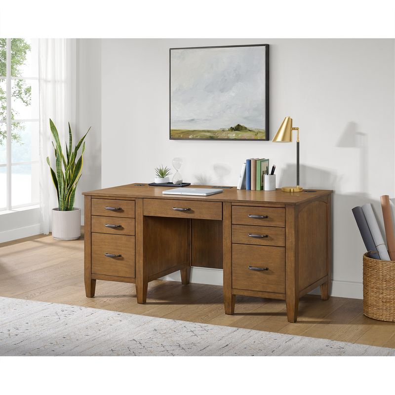 Portico Collection Double Pedestal Desk - Medium Oak Finish